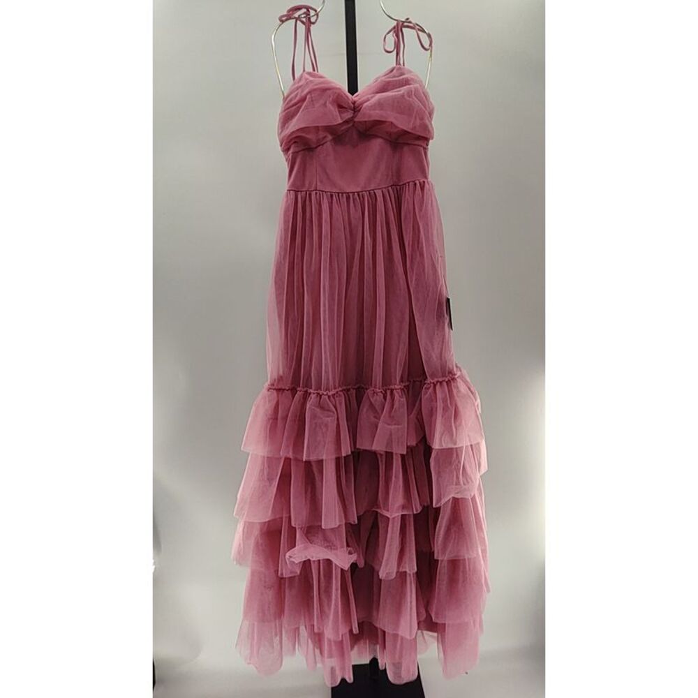 Lulus Endlessly Darling Mesh Tiered Tie-Strap Maxi Dress Rose S - Picture 2 of 3